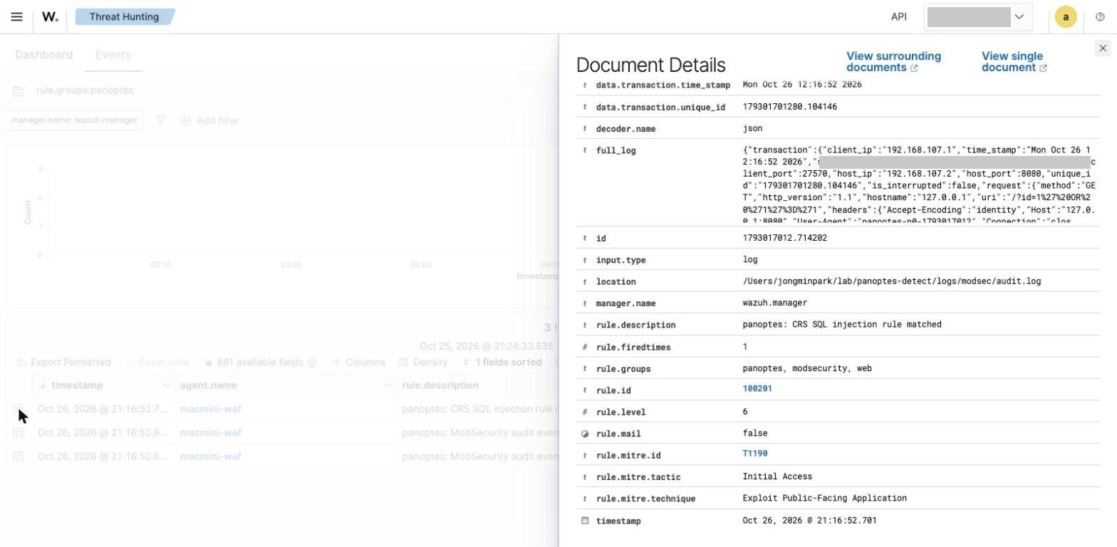 SQLi alert 상세 — 룰·MITRE 필드
