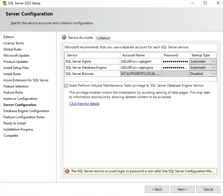 SQL Server 2022 Server Configuration - 서비스 계정 설정