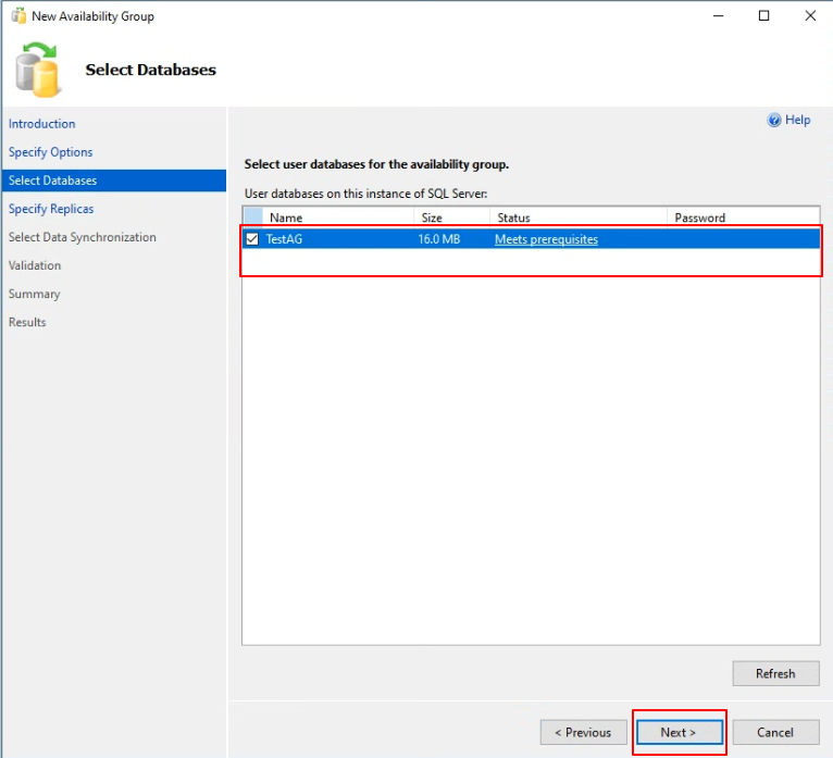 Select Databases - TestAG (Meets prerequisites)