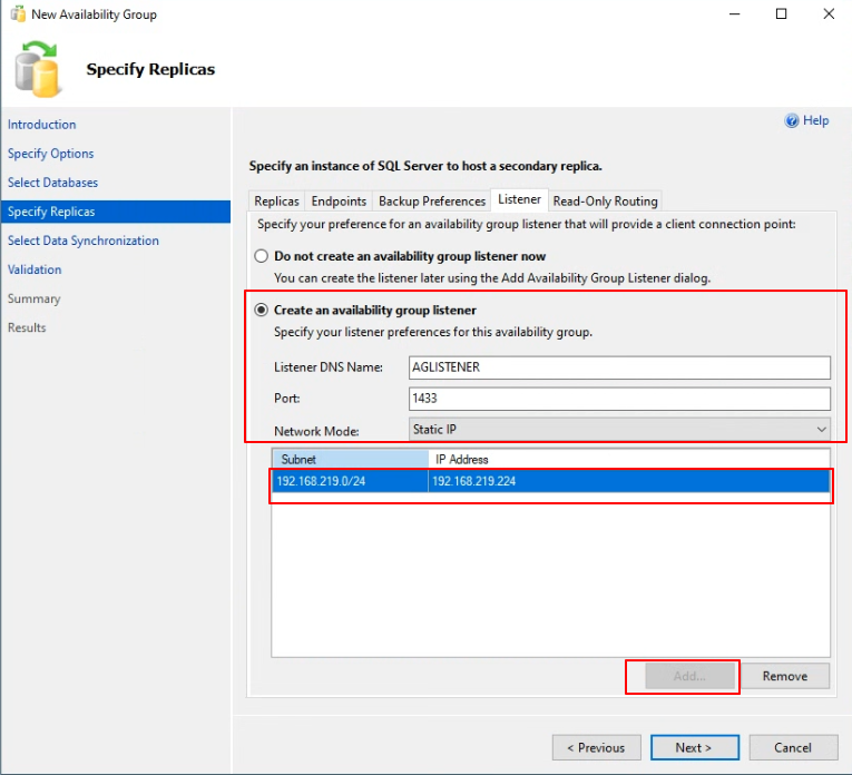 Listener 탭 - AGLISTENER / 1433 / Static IP