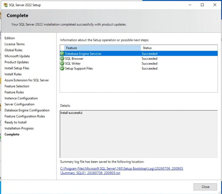 SQL Server 2022 설치 완료 - Complete