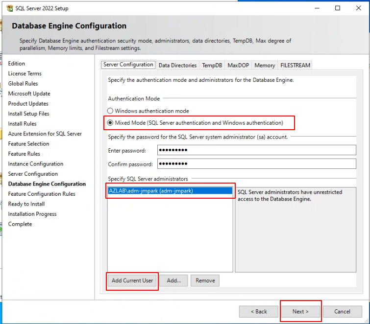 Database Engine Configuration - Mixed Mode 인증