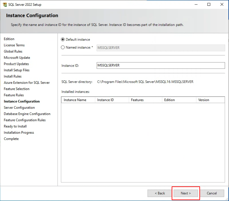 Instance Configuration - Default instance(MSSQLSERVER)