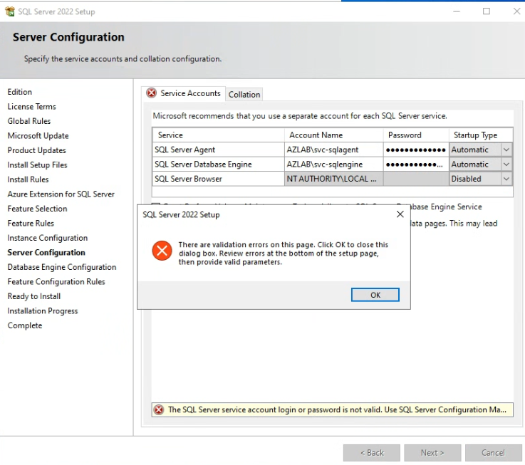 Server Configuration - 서비스 계정 로그인/암호 검증 오류