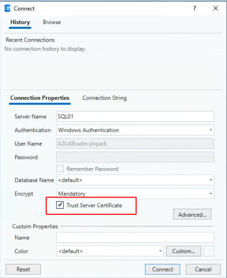 SSMS 연결 창 - Trust Server Certificate 체크
