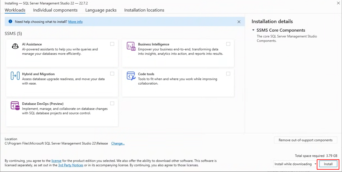 Visual Studio Installer - SSMS Core Components 설치
