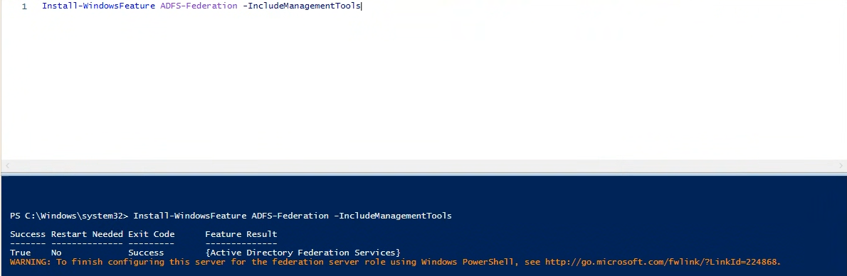 ADFS 역할 설치 — Install-WindowsFeature ADFS-Federation