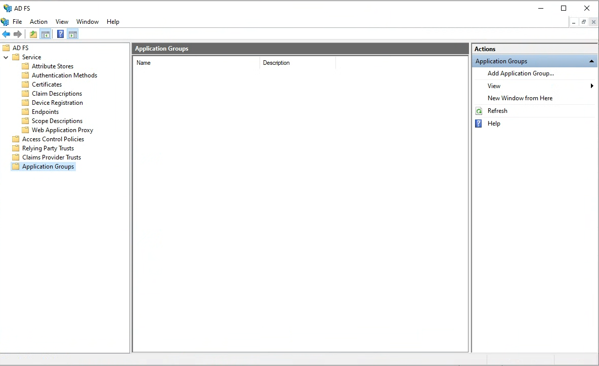 AD FS 콘솔 — Application Groups (초기 비어 있음)