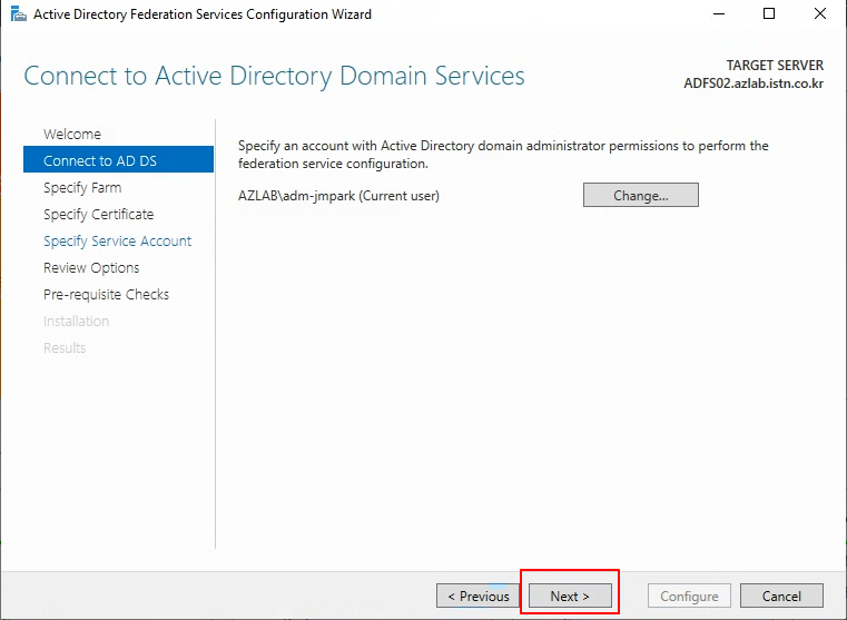 구성 마법사 Step 2 — Connect to AD DS