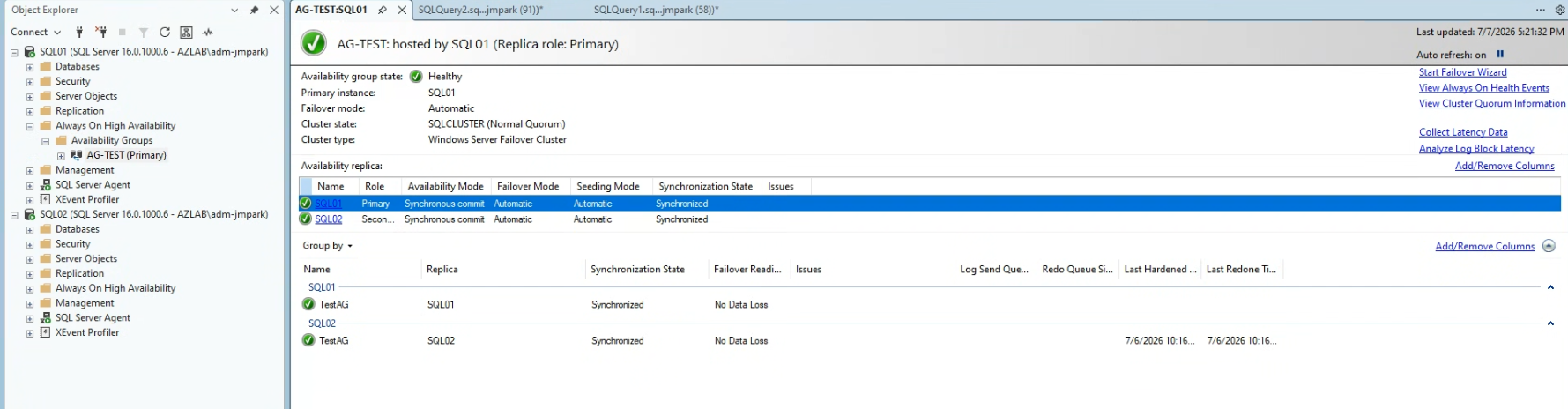 Always On Dashboard — AG-TEST hosted by SQL01, 양 복제본 Synchronized
