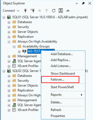 AG-TEST 우클릭 → Failover 메뉴