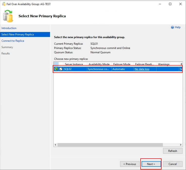 Select New Primary Replica — SQL02, No data loss