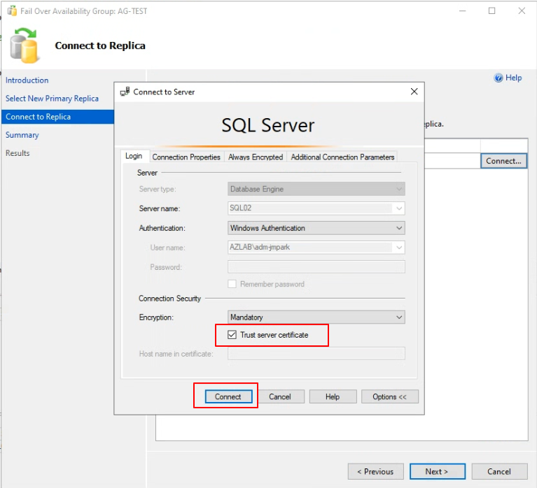 Connect to Replica — Trust server certificate 체크