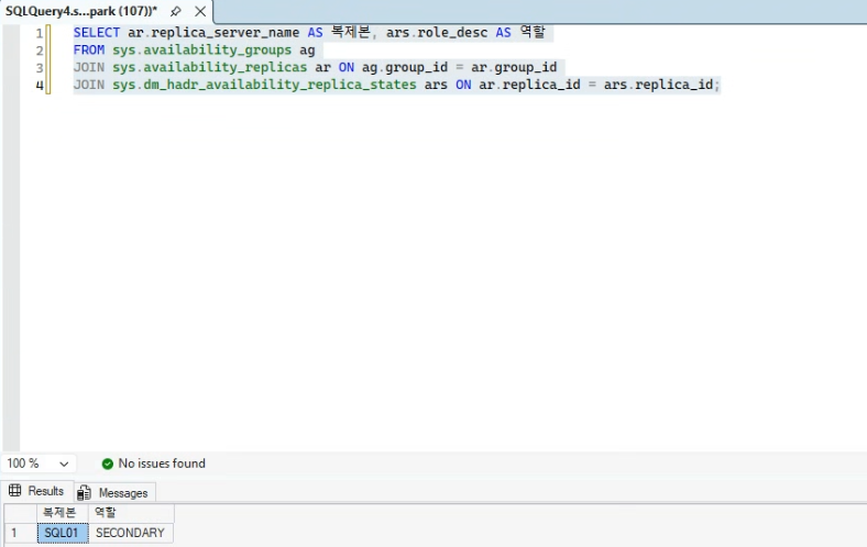 SQL01 창에서 역할 조회 — SQL01 SECONDARY