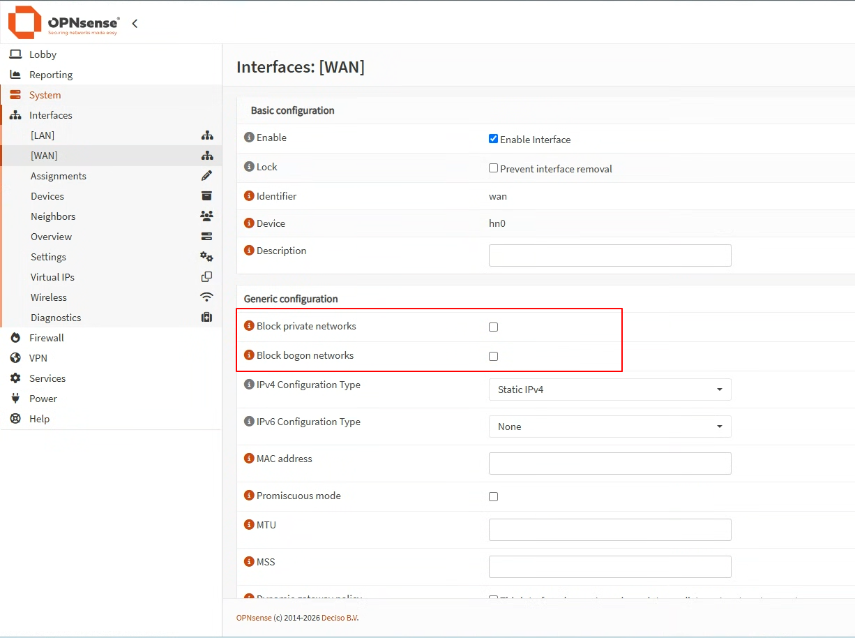 OPNsense WAN — Block private/bogon networks 체크 해제