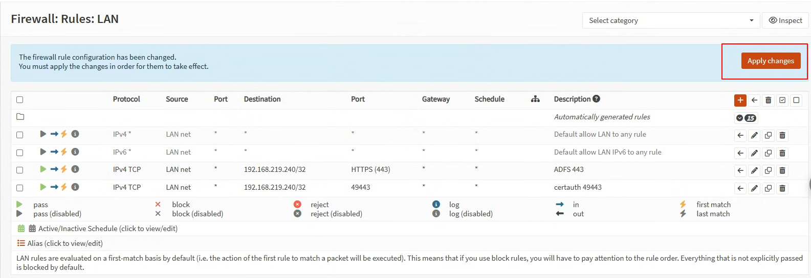 Firewall → LAN — Default allow 규칙 비활성화 상태
