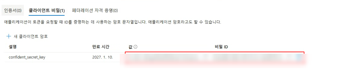 client secret 발급 확인 — Value는 이 화면에서만 전체 노출