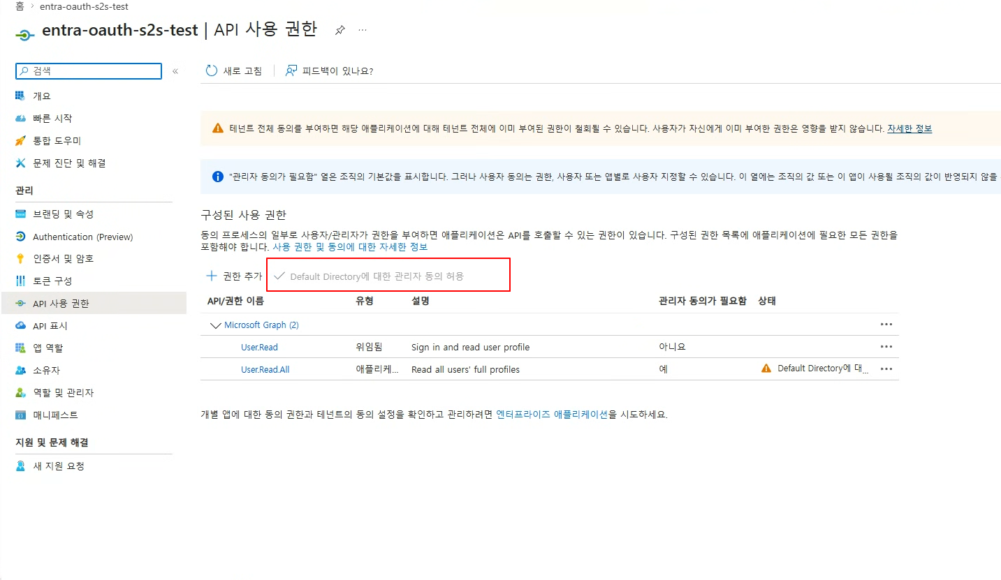 애플리케이션 사용 권한 — 관리자 동의까지 완료