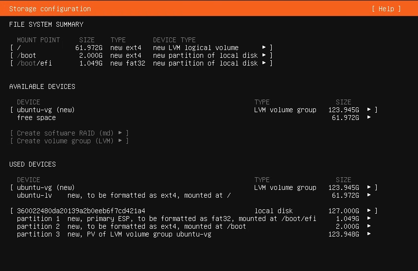 스토리지 설정 — 파일시스템 요약(/, /boot, /boot/efi)