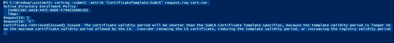 SubCA 인증서 발급 성공 (Certificate retrieved(Issued))