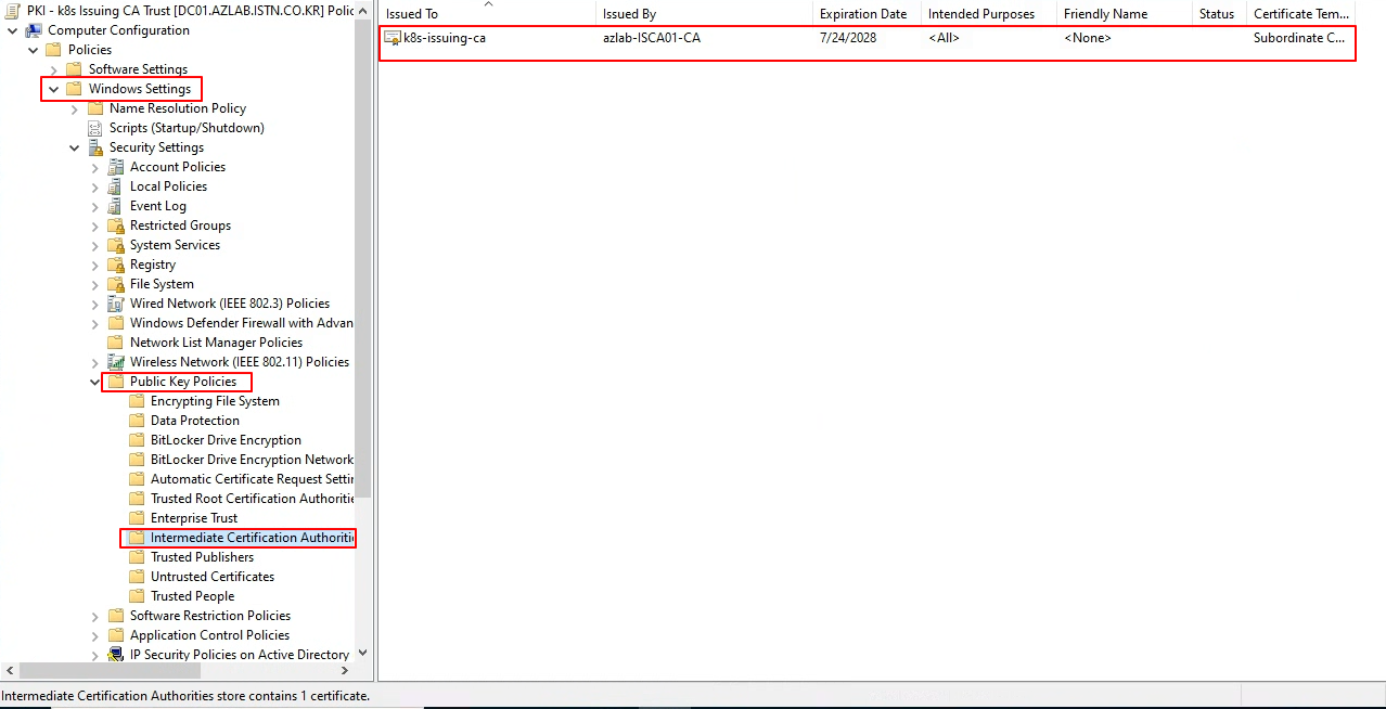 GPO의 Intermediate Certification Authorities에 k8s-issuing-ca 인증서 import 완료