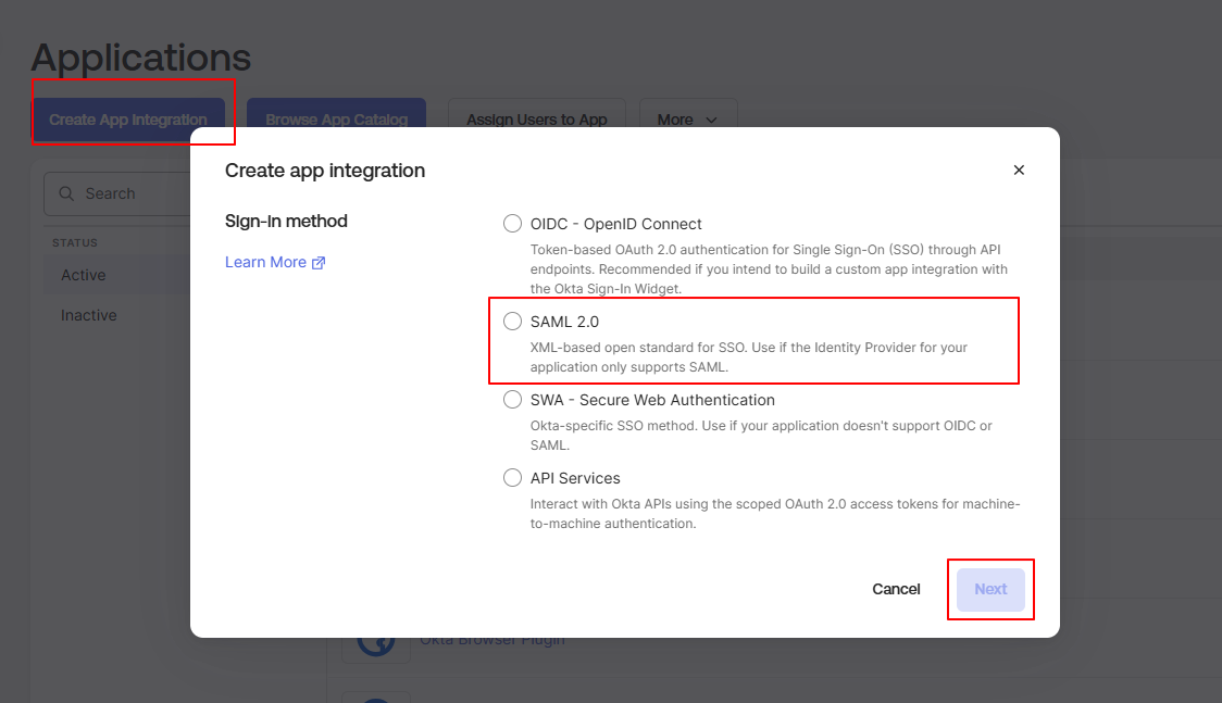 Create App Integration — SAML 2.0 선택