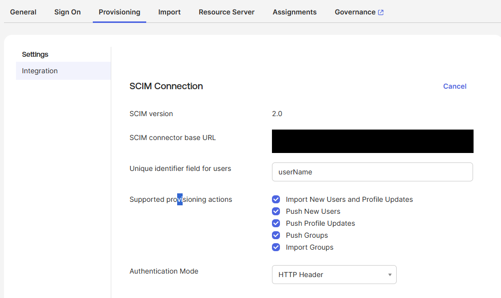 SCIM Connection — Supported provisioning actions 5개