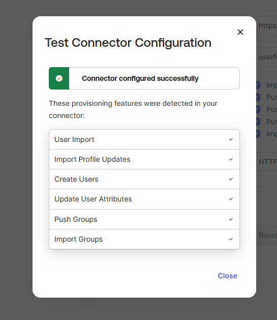 Test Connector Configuration 성공 팝업
