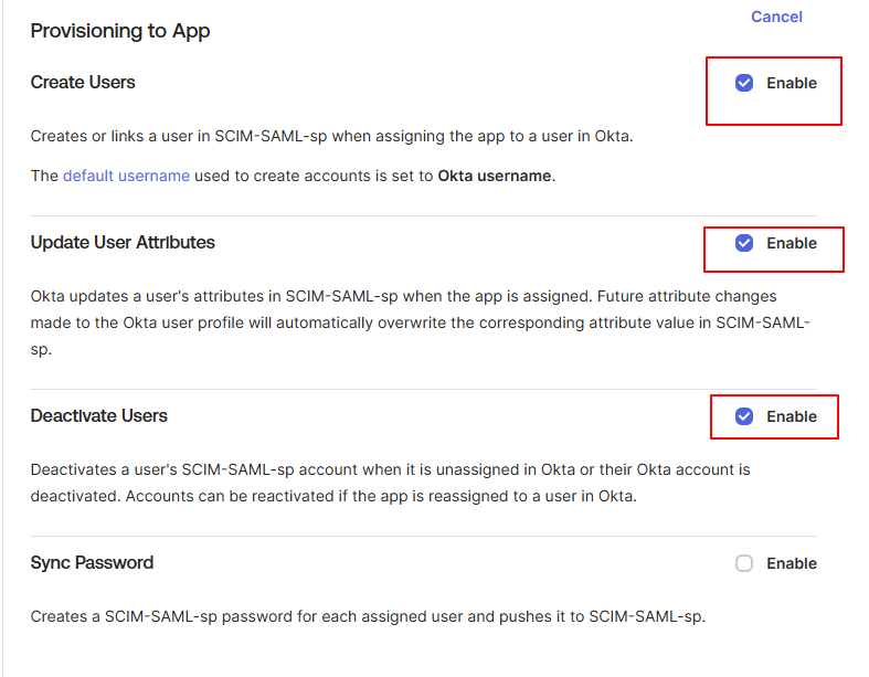 To App 활성화 — Sync Password는 미체크