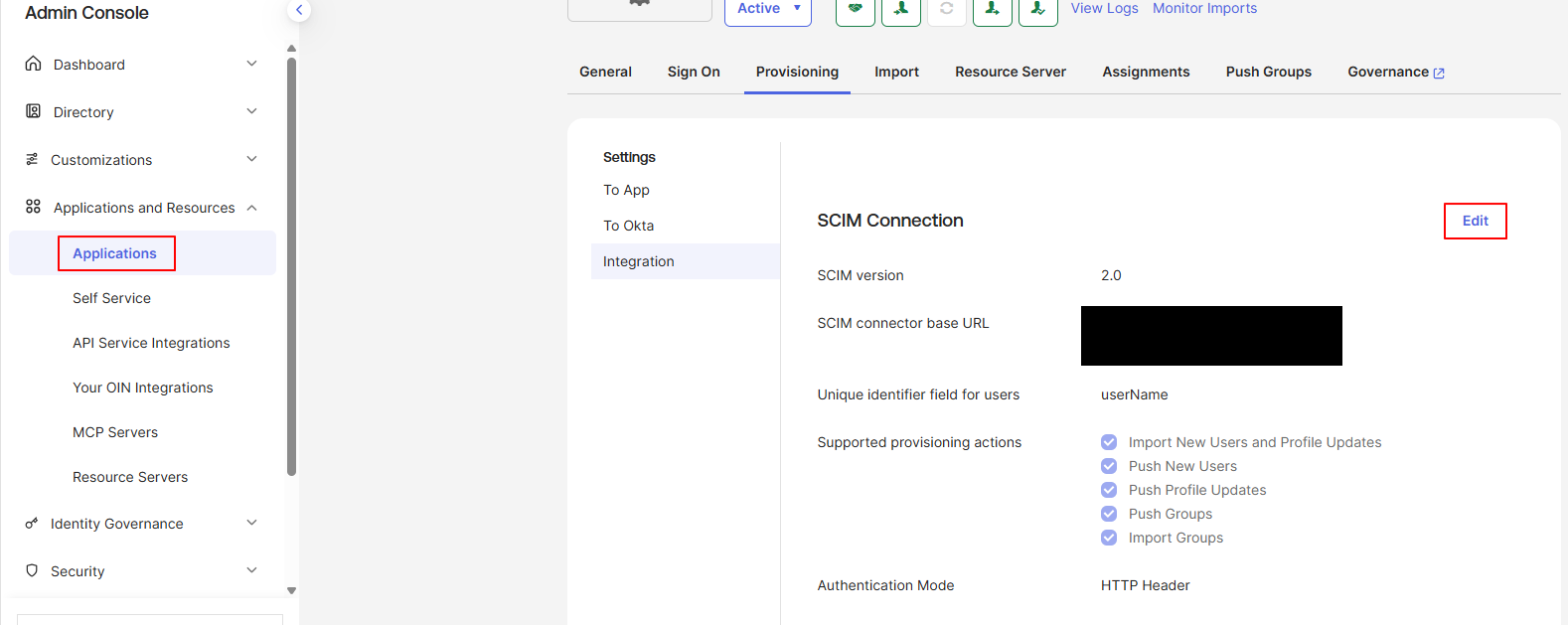 SCIM Connection — base URL을 새 터널 호스트로 수정