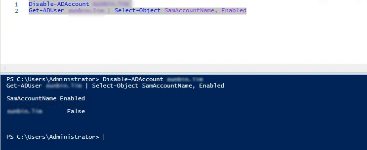 DC에서 Disable-ADAccount 실행 — Enabled False 확인