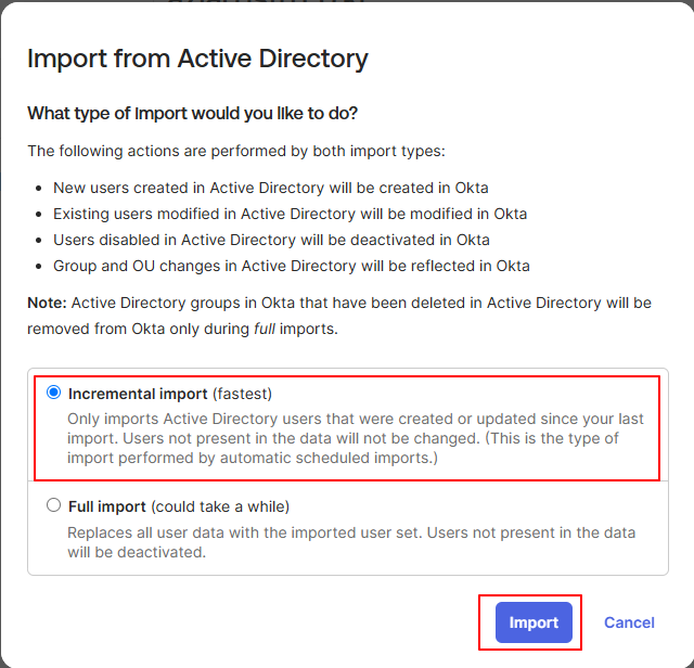 Incremental Import 다이얼로그 — disabled 사용자는 Okta에서 deactivate된다는 문구