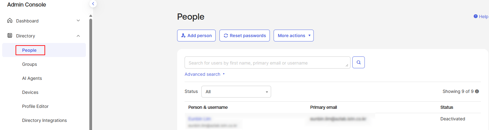 Import 직후 People — 대상 계정 Deactivated