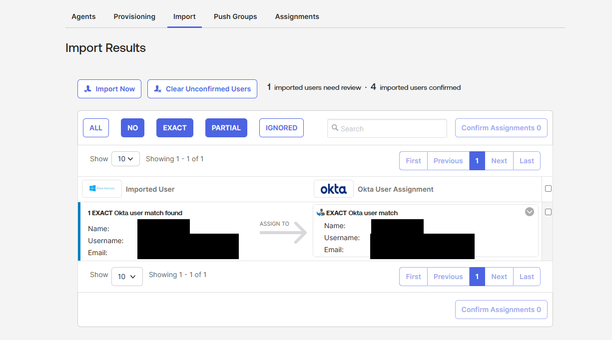 Enable 후 Import — 1 need review, EXACT match