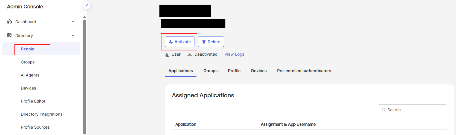 Deactivated 사용자 상세 — Activate 버튼