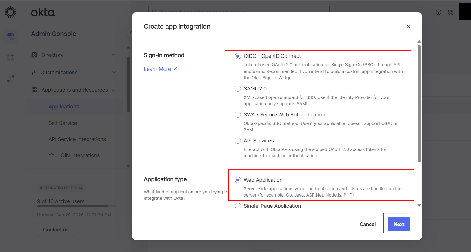 Create app integration — OIDC, Web Application 선택
