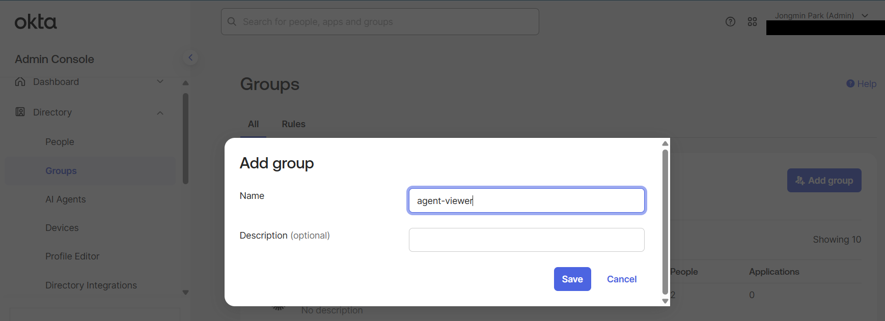 Add group — agent-viewer (테스트 계정용)