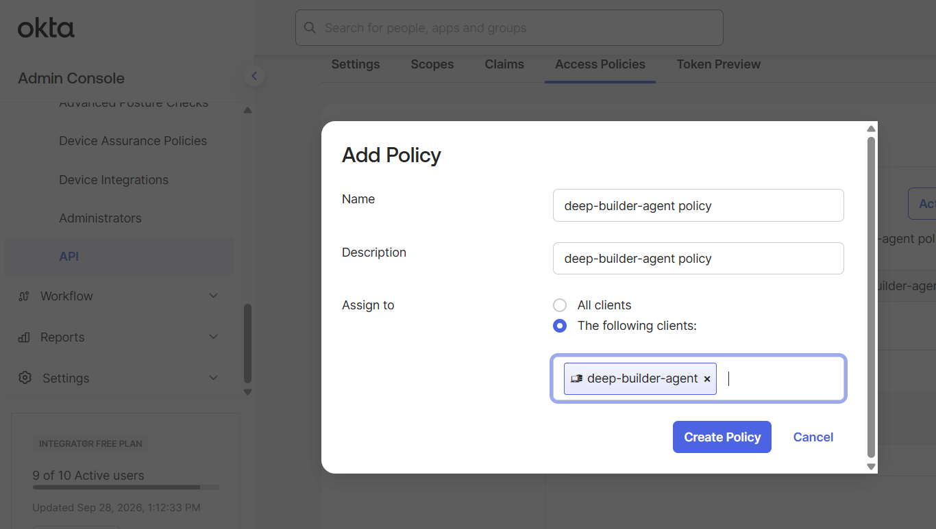 Add Policy — deep-builder-agent 클라이언트에만 할당