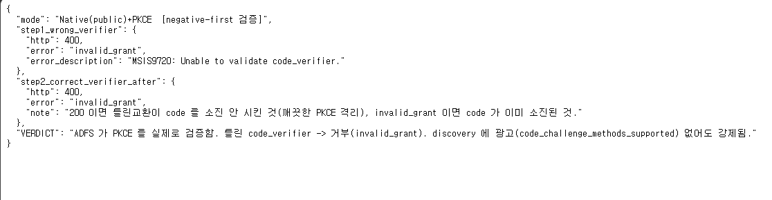negative-first 실측 — 틀린 verifier가 MSIS9720(code_verifier 검증 실패)로 거부됨
