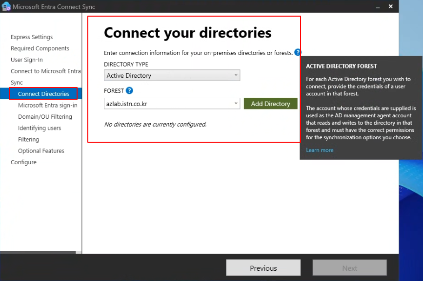Connect Directories — 온프레미스 포리스트 추가