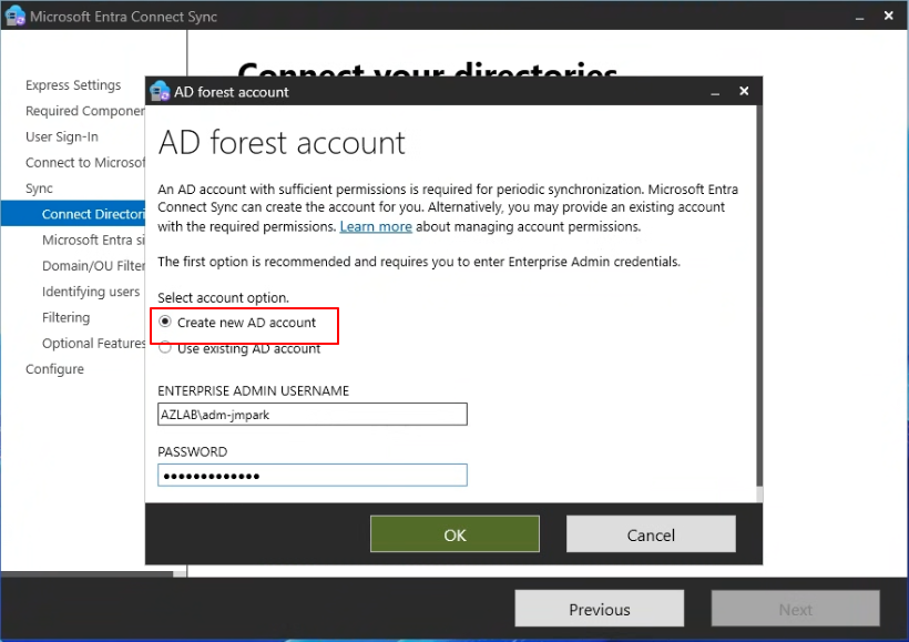 AD forest account — 온프레미스 관리자 계정 입력