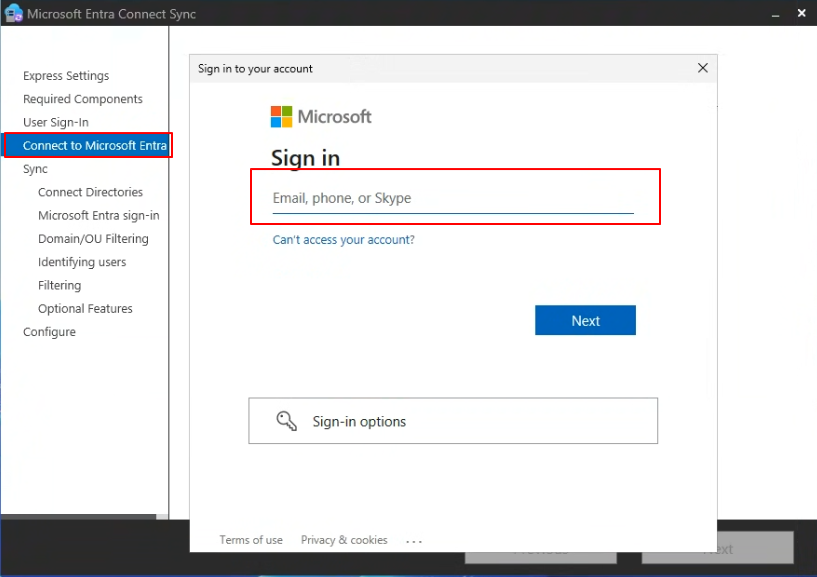 로그인 팝업 — Microsoft 계정 Sign in