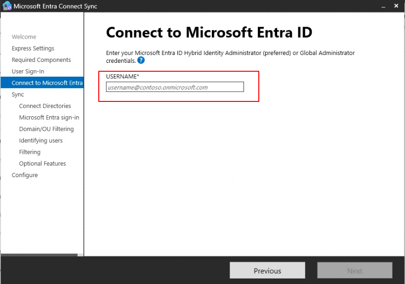 Connect to Microsoft Entra ID — USERNAME 입력 화면