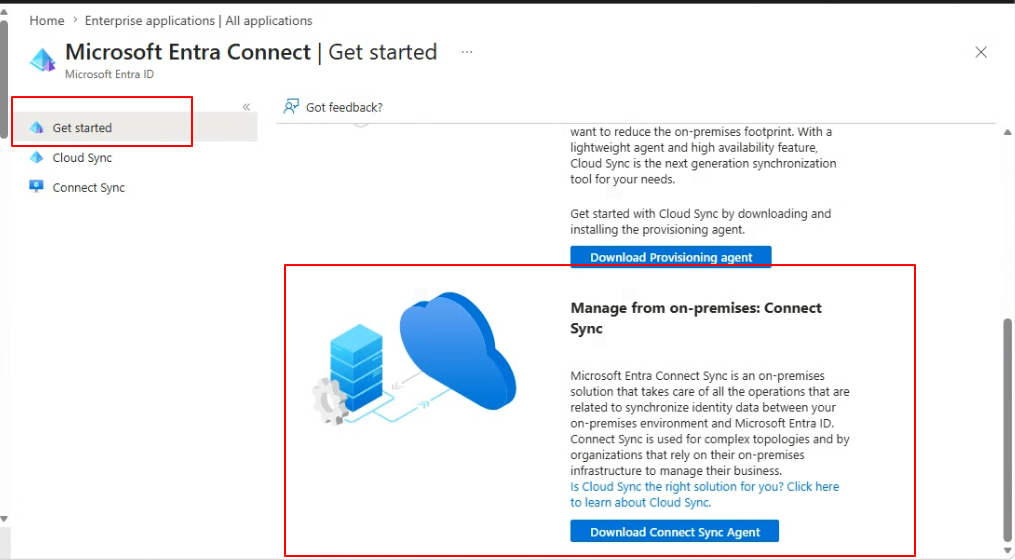 Get started > Manage 탭의 Download Connect Sync Agent