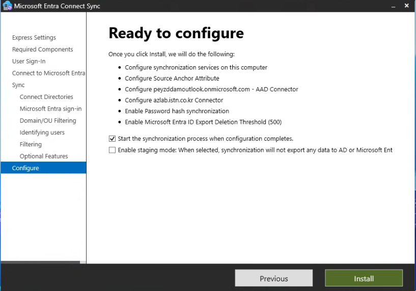 Optional features — Password Hash Synchronization만 체크