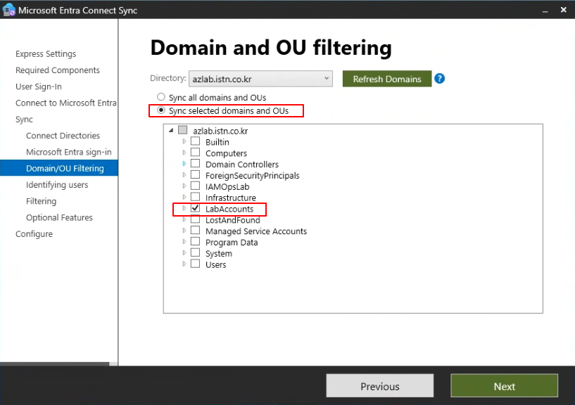 Domain/OU Filtering — LabAccounts OU 선택