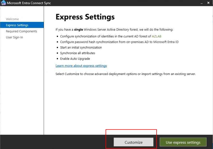 Express Settings — Customize 선택