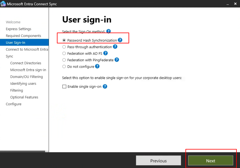 User Sign-In — Password Hash Synchronization 선택