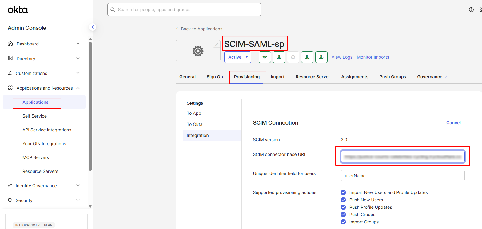 Provisioning → Integration — SCIM connector base URL을 새 터널 호스트로 갱신