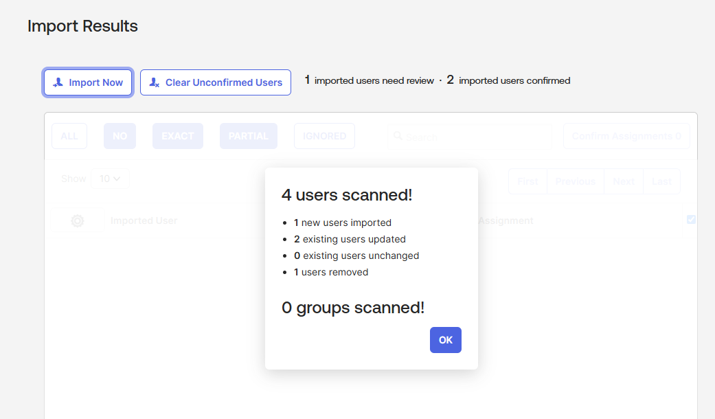Import 스캔 결과 — 4 users scanned, 0 groups scanned
